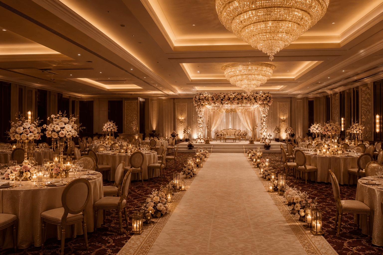Luxury wedding banquet hall decorated for a reception